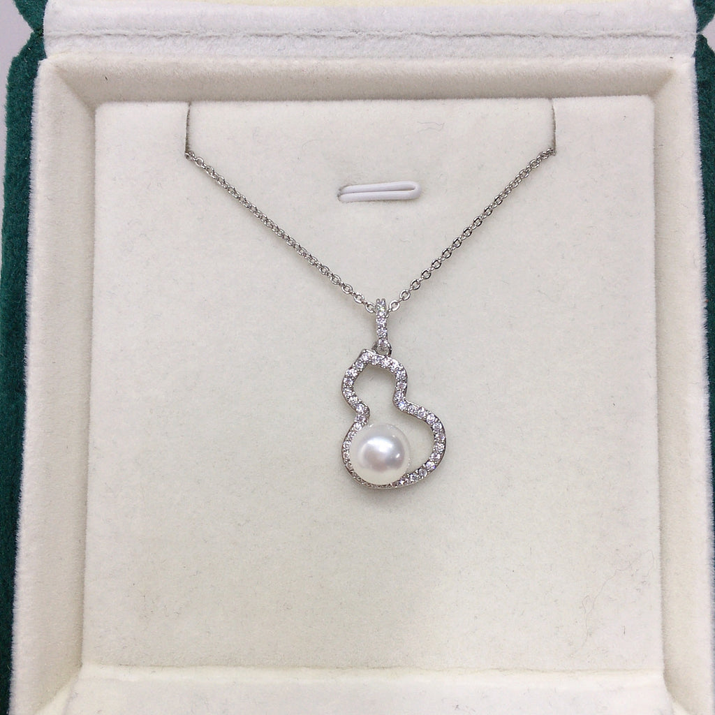 Gourd Shape Shell Pearl Necklace for Women, Lucky Hollow Gourd Pendant Inlaid Cubic Zirconia, Gold & Silver Two Tone Options
