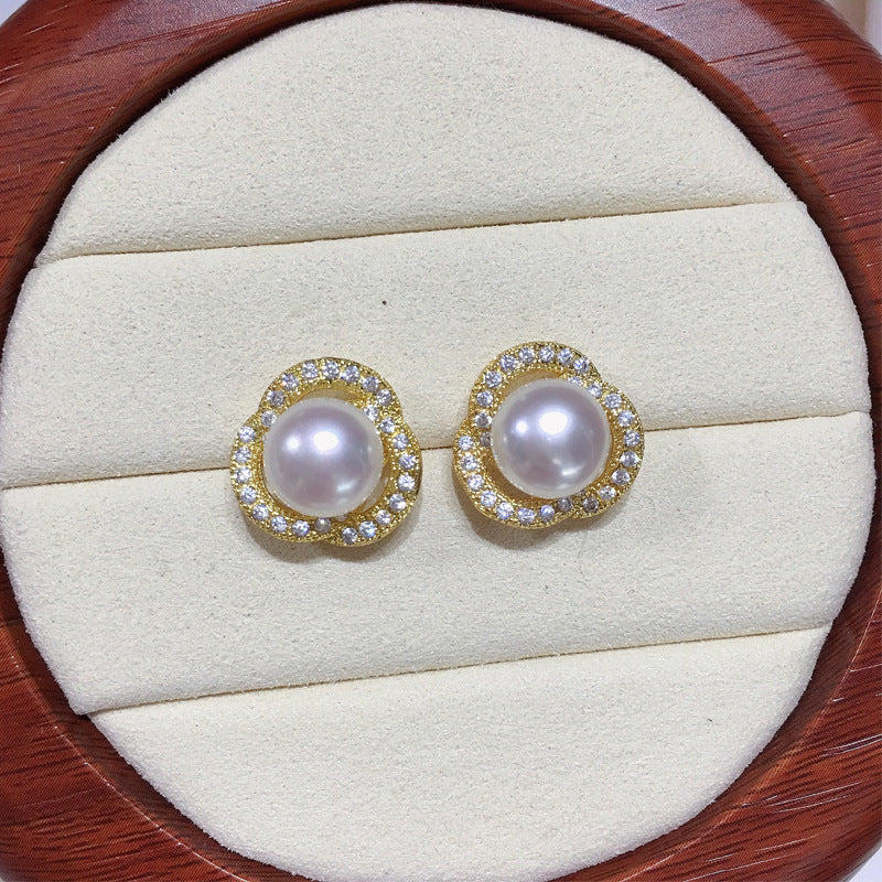 Clover Hollow Micro‑Pave Zircon Shell Pearl Stud Earrings,18K Gold‑Tone / Silver‑Tone 925 Sterling Silver Post Earrings for Women
