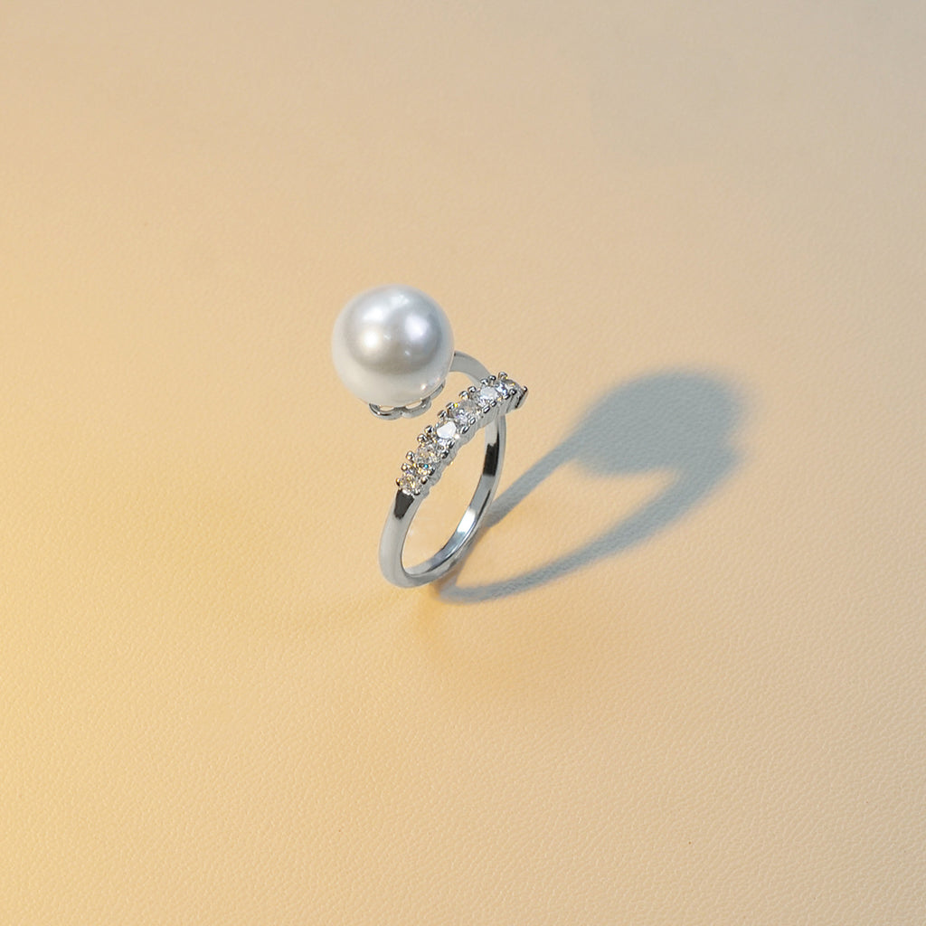 Open‑End Zircon Shell‑Pearl Ring for Women, Minimalist Delicate Adjustable Stacking Ring, Elegant Versatile Fashion Jewelry