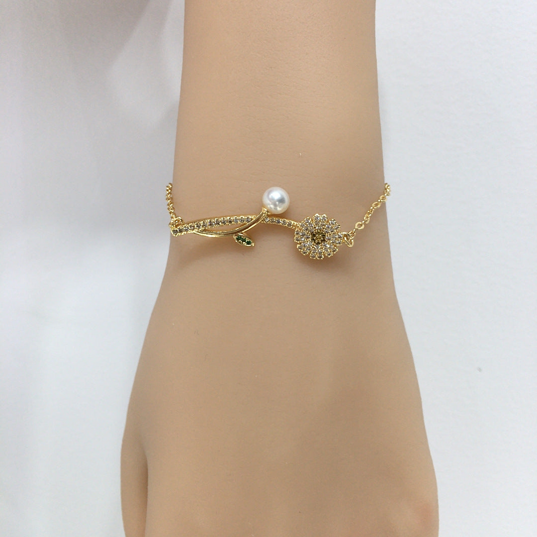 Daisy Branch Shell Pearl Bracelet, Micro‑Pave Cubic Zirconia Elegant Women Hand Jewelry