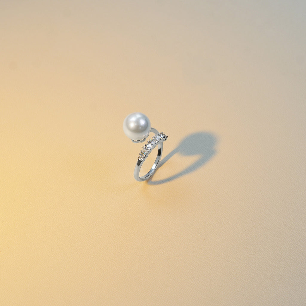 Open‑End Zircon Shell‑Pearl Ring for Women, Minimalist Delicate Adjustable Stacking Ring, Elegant Versatile Fashion Jewelry