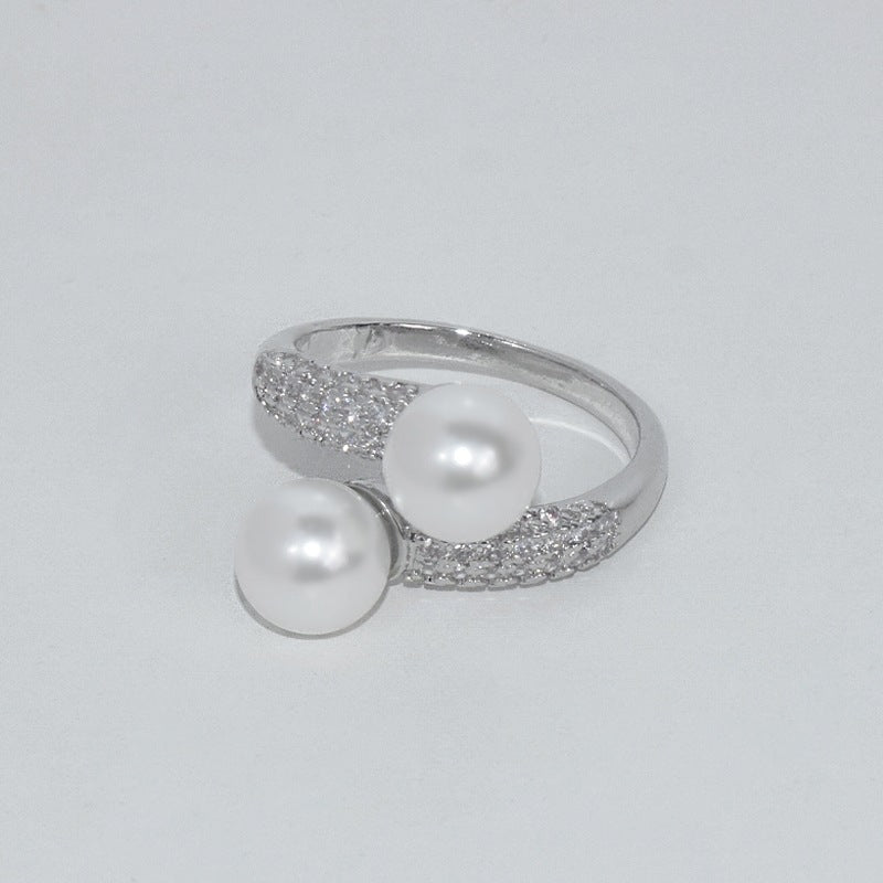 Two‑Pearl Open Adjustable Ring, Round High‑Lustre Shell Pearl, Daily Wear Versatile Jewelry