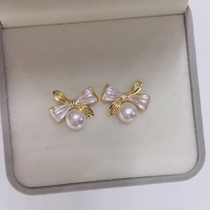 Dual‑Tone Bow Shell Pearl Stud Earrings, Exquisite Two‑Color Bow Design 925 Sterling Silver Post Earrings for Women