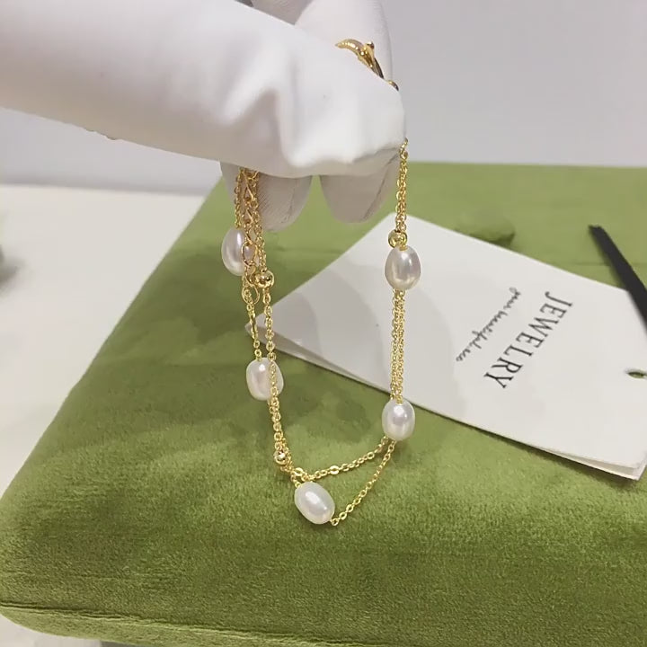 5‑6mm Rice‑Shape Shell Pearl Double Layer Bracelet, 18K Gold Filled Women Hand Jewelry