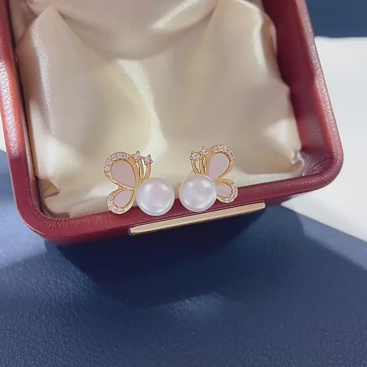 Women Butterfly Shell Pearl Stud Earrings, Micro Paved Cubic Zirconia Gold Tone Elegant Pearl Earrings Jewelry Gift