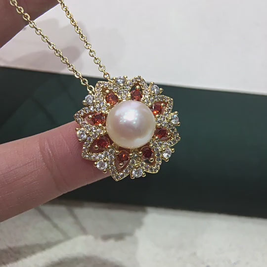 Vintage Sunflower Shell Pearl Pendant Necklace for Women, Luxury Paved Cubic Zirconia Flower Design, 18K Gold Tone Elegant Pearl Jewelry