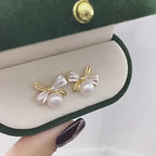 Women Bow Knot Shell Pearl Stud Earrings, Two Tone Enamel Gold Tone Elegant Minimalist Pearl Earrings Jewelry Gift
