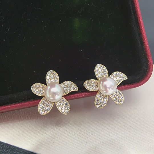 Full Pave Zircon Flower Shell Pearl Stud Earrings, Gold Tone Daily Commute Pearl Earrings for Women