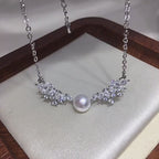 Wing‑Shape Micro‑Pave Cubic Zirconia Shell Pearl Pendant Necklace, Fashion Women Clavicle Chain