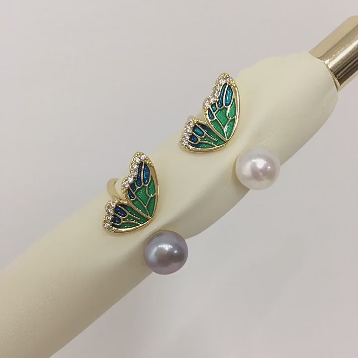18K Gold‑Plated Butterfly Wing Pearl Ring, Fashion Shell‑Pearl Open Ring for Women