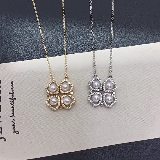 Magnetic Convertible Four‑Leaf‑Clover Shell Pearl Pendant Necklace, Micro‑Pave Cubic Zirconia Two‑Way Wear Women Jewelry