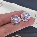 Vintage Camellia Shell Pearl Stud Earrings, Enamel Micro‑Pave Cubic Zirconia Women Ear Jewelry