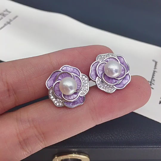 Vintage Camellia Shell Pearl Stud Earrings, Enamel Micro‑Pave Cubic Zirconia Women Ear Jewelry