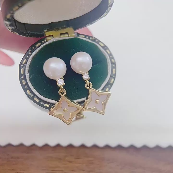 Women Four Leaf Clover Shell Pearl Drop Earrings, Rhombus Mother of Pearl Inlay Gold Tone Elegant Dangle Earrings Jewelry Gift