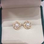 18K Gold‑Plated Bird‑Nest Shell Pearl Stud Earrings, 925 Sterling Silver Post for Women