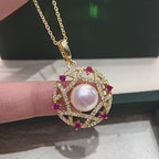 Vintage Hollow‑out Shell Pearl Pendant Necklace, Pink Cubic Zirconia Luxury Women Clavicle Chain Jewelry