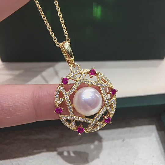 Vintage Hollow‑out Shell Pearl Pendant Necklace, Pink Cubic Zirconia Luxury Women Clavicle Chain Jewelry