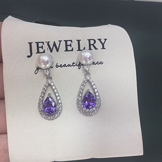 Vintage Teardrop Purple Cubic Zirconia Shell Pearl Drop Earrings, French Style Dangle Earrings for Women