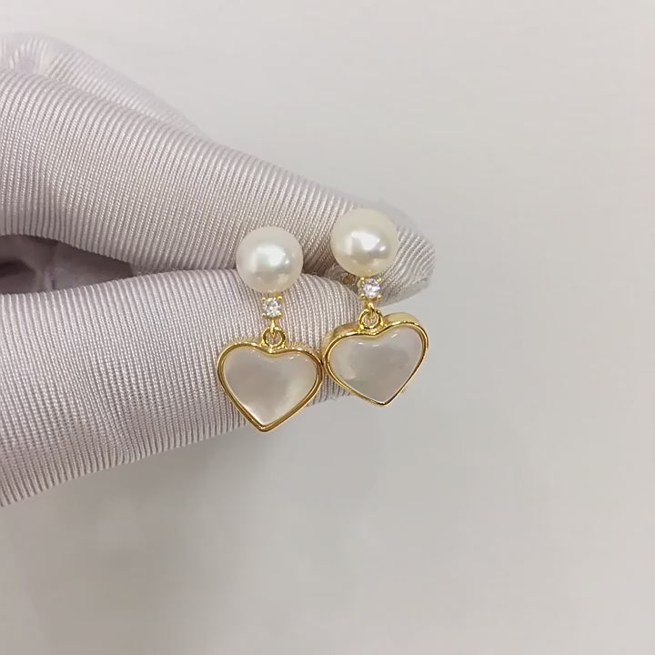 Heart‑Shaped Shell Pearl Drop Earrings, Natural Shell Inlay 18K Gold‑Tone 925 Sterling Silver Post Earrings for Women
