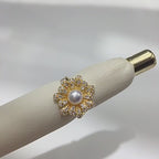 Vintage Floral Shell Pearl Open Ring for Women, Paved Cubic Zirconia Flower Statement Ring, 18K Gold Tone Luxury Pearl Jewelry