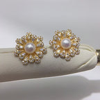 Vintage Floral Shell Pearl Stud Earrings for Women, Paved Cubic Zirconia Flower Pearl Earrings, 18K Gold Tone Luxury Jewelry