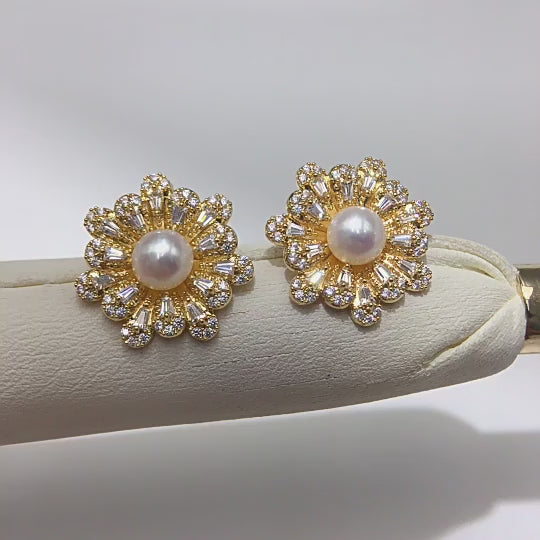 Vintage Floral Shell Pearl Stud Earrings for Women, Paved Cubic Zirconia Flower Pearl Earrings, 18K Gold Tone Luxury Jewelry