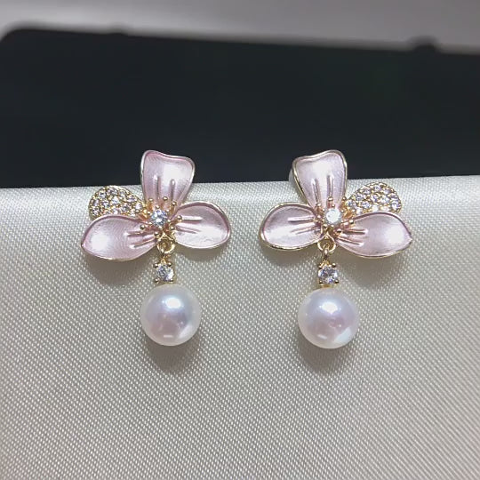 Enamel Flower Shell Pearl Drop Earrings, Micro‑Pave Cubic Zirconia Dainty Pearl Earrings for Women