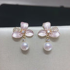 Enamel Flower Shell Pearl Drop Earrings, Micro‑Pave Cubic Zirconia Dainty Pearl Earrings for Women