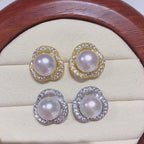 Clover Hollow Micro‑Pave Zircon Shell Pearl Stud Earrings,18K Gold‑Tone / Silver‑Tone 925 Sterling Silver Post Earrings for Women