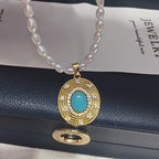 Vintage Turquoise Oval Pendant Necklace, Rice‑Shaped Shell Pearl Choker Necklace for Women