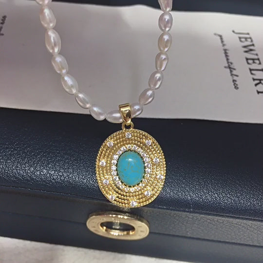 Vintage Turquoise Oval Pendant Necklace, Rice‑Shaped Shell Pearl Choker Necklace for Women