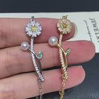 Daisy Branch Shell Pearl Bracelet, Micro‑Pave Cubic Zirconia Elegant Women Hand Jewelry