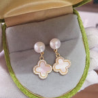 Four‑Leaf Clover Shell Pearl Drop Earrings, 18K Gold Plated, 925 Sterling Silver Post
