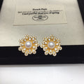 Vintage Floral Shell Pearl Stud Earrings for Women, Paved Cubic Zirconia Flower Pearl Earrings, 18K Gold Tone Luxury Jewelry