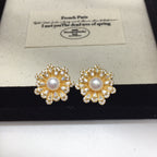 Vintage Floral Shell Pearl Stud Earrings for Women, Paved Cubic Zirconia Flower Pearl Earrings, 18K Gold Tone Luxury Jewelry
