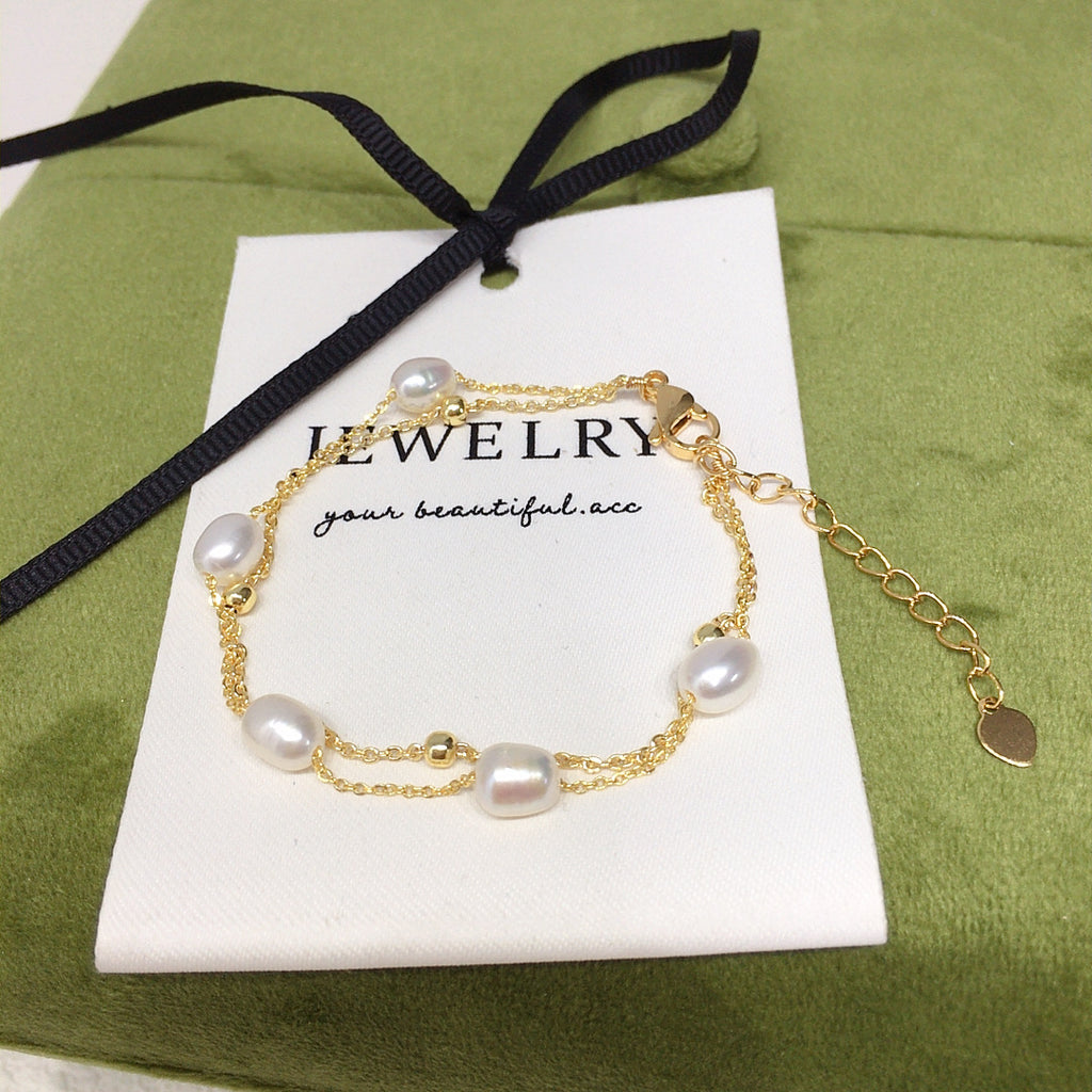 5‑6mm Rice‑Shape Shell Pearl Double Layer Bracelet, 18K Gold Filled Women Hand Jewelry