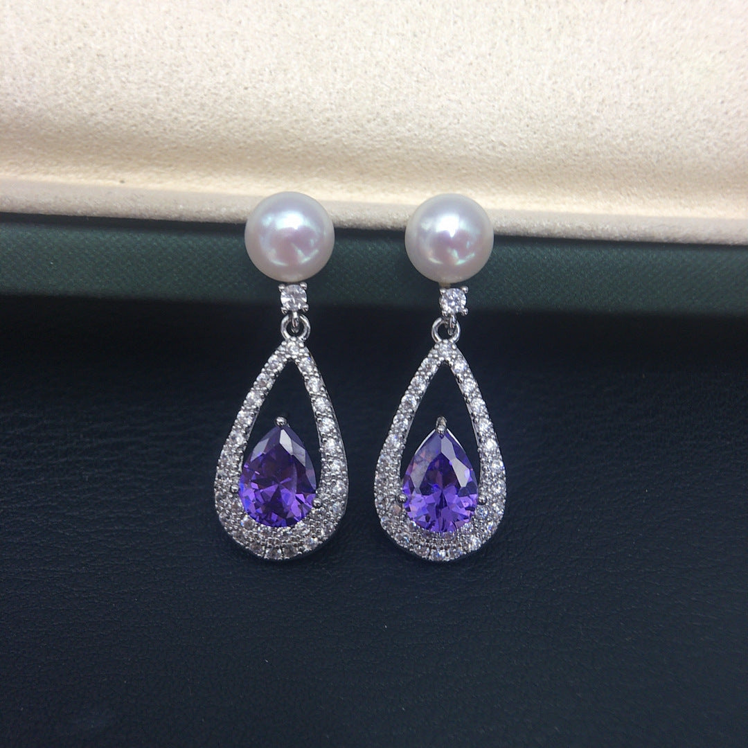 Vintage Teardrop Purple Cubic Zirconia Shell Pearl Drop Earrings, French Style Dangle Earrings for Women