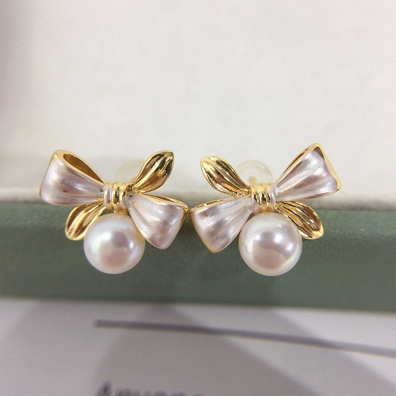 Dual‑Tone Bow Shell Pearl Stud Earrings, Exquisite Two‑Color Bow Design 925 Sterling Silver Post Earrings for Women