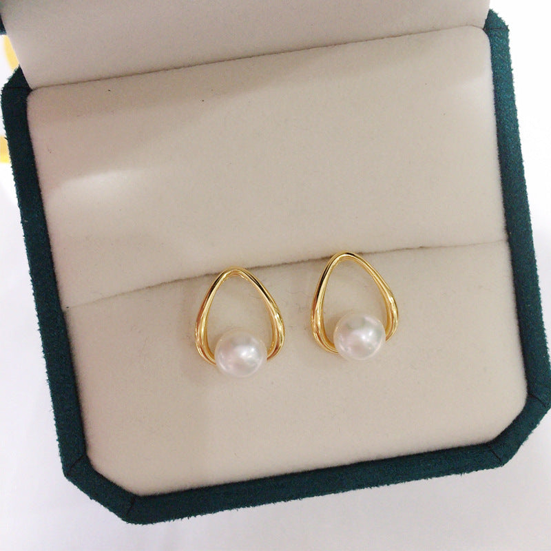 Minimalist Hollow Teardrop Shell Pearl Stud Earrings, 18K Gold‑Tone Plated 925 Sterling Silver Post Elegant Earrings for Women