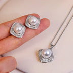 Square‑Shaped Zircon Shell‑Pearl Jewelry Set, Necklace Pendant & Stud Earrings, Elegant Matching Jewellery for Women
