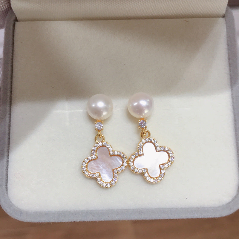 Four‑Leaf Clover Shell Pearl Drop Earrings, 18K Gold Plated, 925 Sterling Silver Post