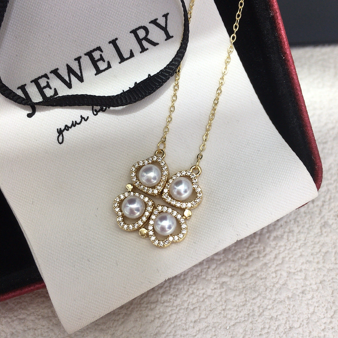 Magnetic Convertible Four‑Leaf‑Clover Shell Pearl Pendant Necklace, Micro‑Pave Cubic Zirconia Two‑Way Wear Women Jewelry