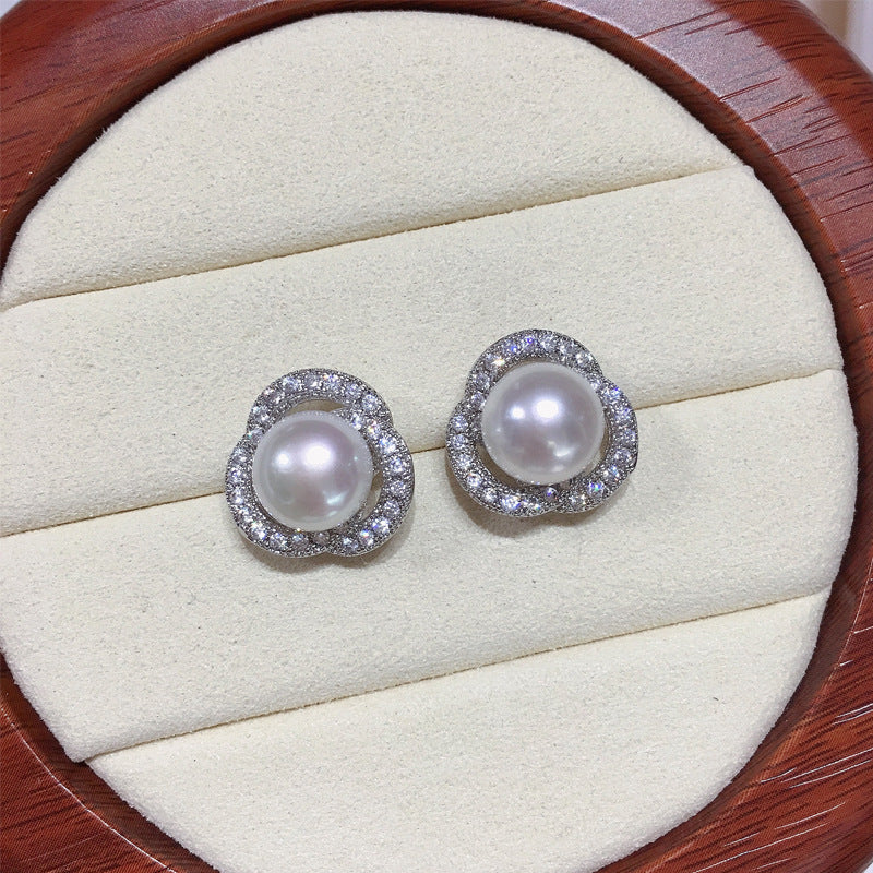 Clover Hollow Micro‑Pave Zircon Shell Pearl Stud Earrings,18K Gold‑Tone / Silver‑Tone 925 Sterling Silver Post Earrings for Women