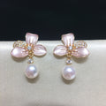Enamel Flower Shell Pearl Drop Earrings, Micro‑Pave Cubic Zirconia Dainty Pearl Earrings for Women