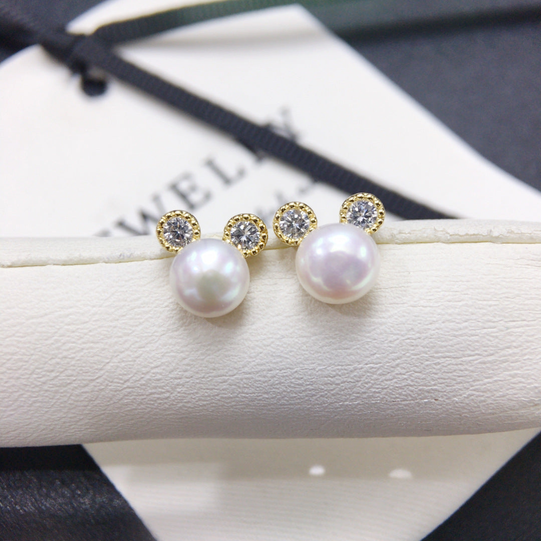 Cute Mickey‑Shaped Shell Pearl Stud Earrings, Dainty Delicate Pearl Earrings for Women