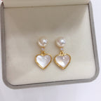 Heart‑Shaped Shell Pearl Drop Earrings, Natural Shell Inlay 18K Gold‑Tone 925 Sterling Silver Post Earrings for Women