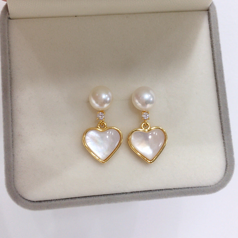 Heart‑Shaped Shell Pearl Drop Earrings, Natural Shell Inlay 18K Gold‑Tone 925 Sterling Silver Post Earrings for Women