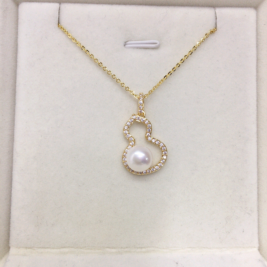 Gourd Shape Shell Pearl Necklace for Women, Lucky Hollow Gourd Pendant Inlaid Cubic Zirconia, Gold & Silver Two Tone Options