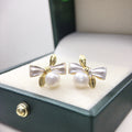 Women Bow Knot Shell Pearl Stud Earrings, Two Tone Enamel Gold Tone Elegant Minimalist Pearl Earrings Jewelry Gift