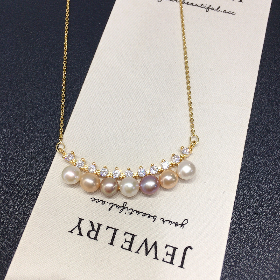 Smile Shape Multi‑Shell Pearl Necklace, Mixed‑Color Pearl Pendant with Cubic Zirconia 18K Gold‑Tone Chain for Women